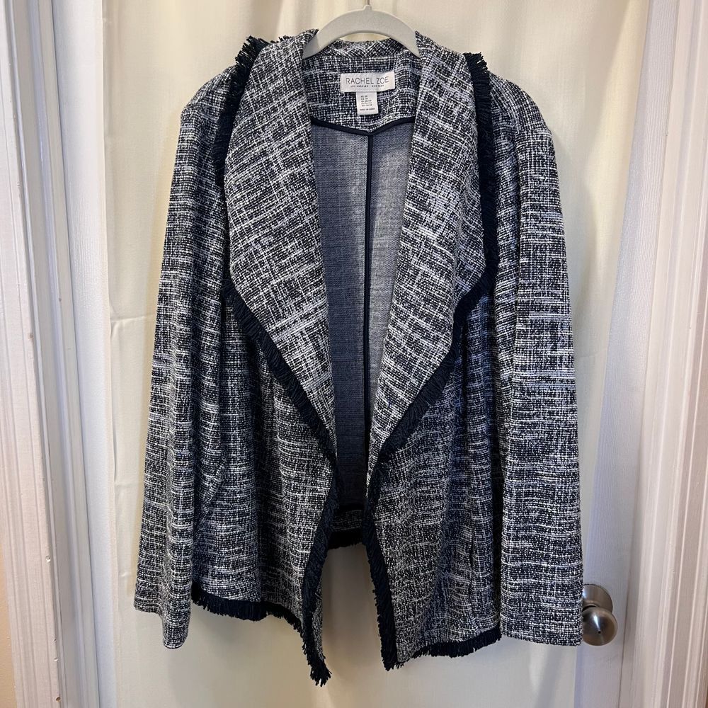Rachel Zoe Navy White Tweed Blazer Jacket Fringe Trim Open Front 3X